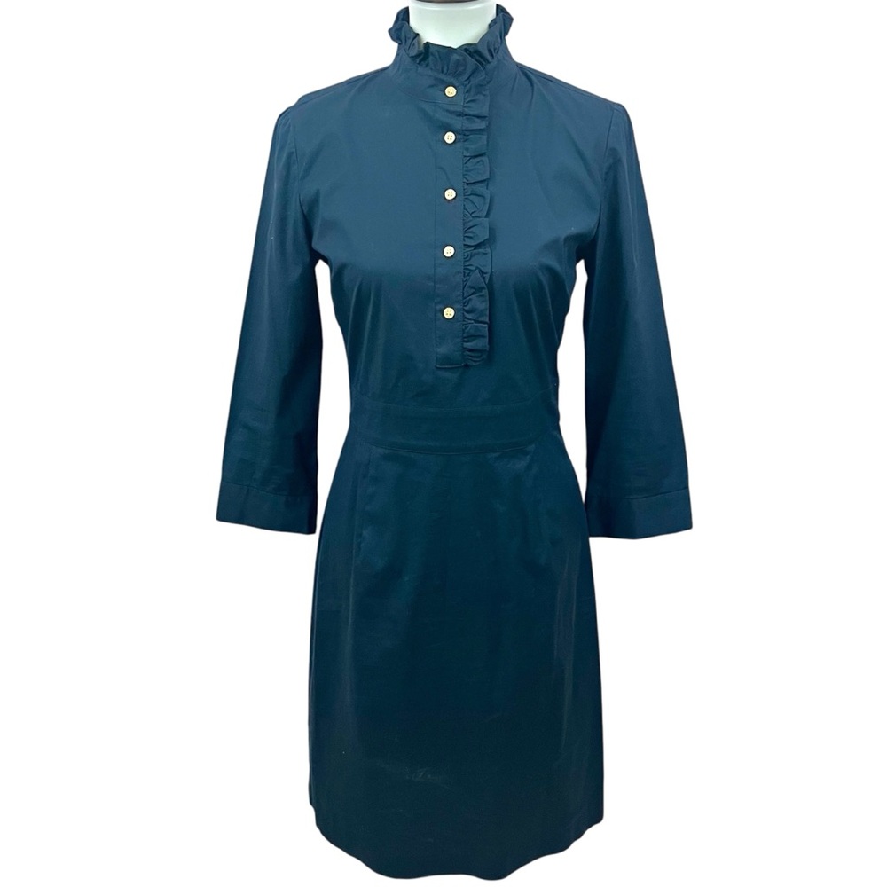 NWOT Tory Burch Navy Cotton Ruffle Mandarin Collar Button Front Shirt Dress